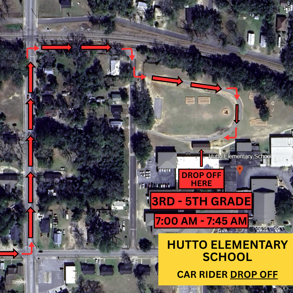 Aerial map showing the updated 3rd–5th grade car rider drop-off route for Hutto Elementary School, with red arrows indicating the path from Simms Street to the drop-off point near the school. Drop-off time is 7:00–7:45 AM