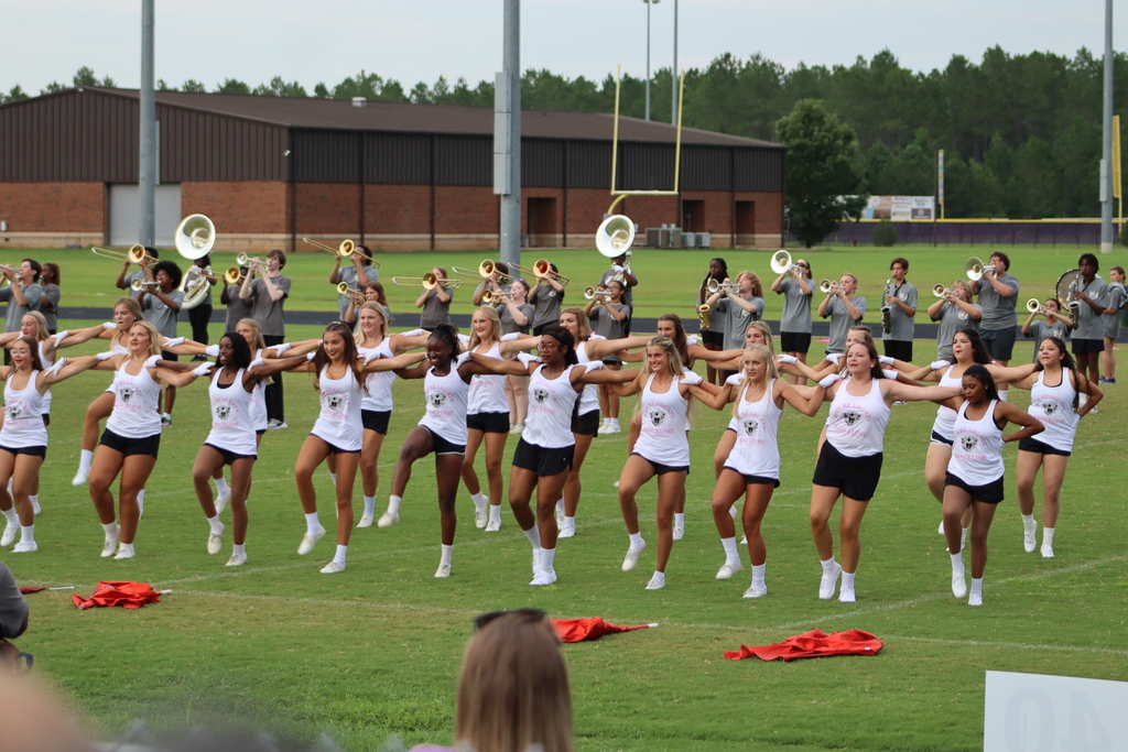 BHS danceline performs in unison across the field, kicking and linking arms with the marching band playing in the background