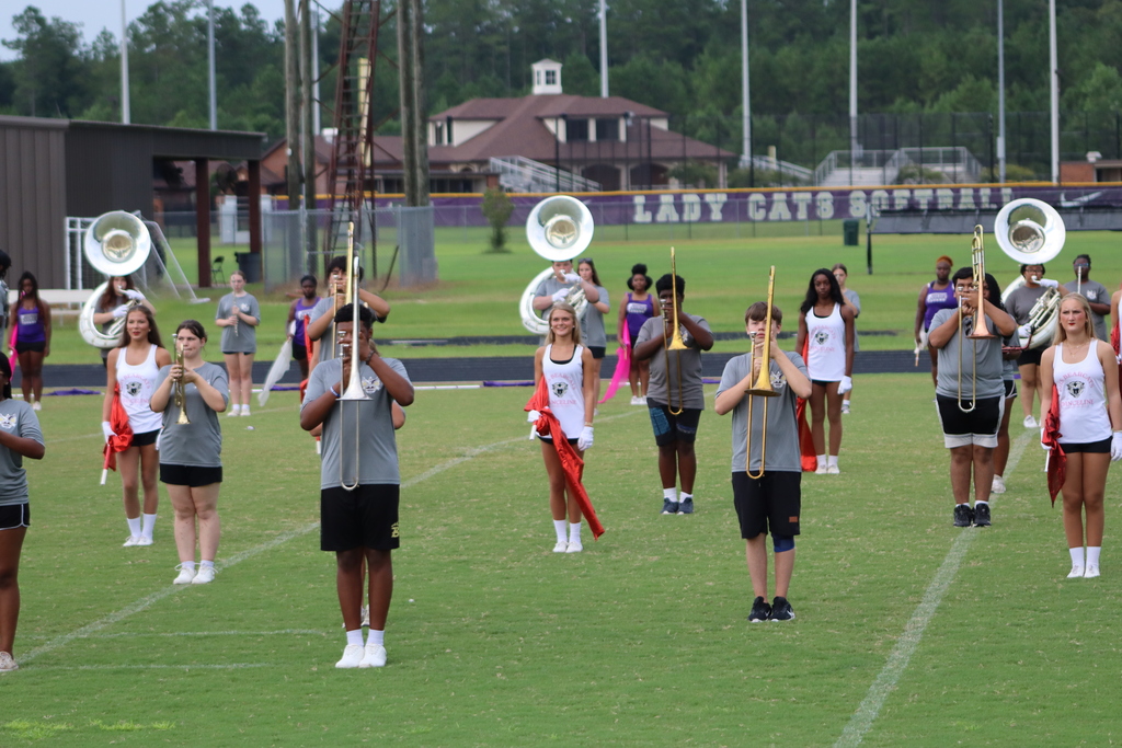 Marching band and danceline members stand in block formation on the football field, facing forward with trombones raised and red flags in hand