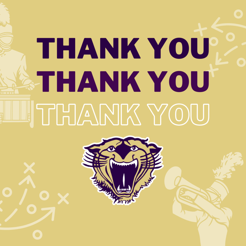 Graphic with the phrase 'THANK YOU' repeated three times in bold text above the Bainbridge Bearcat logo. Background features faint illustrations of band members and football play symbols.