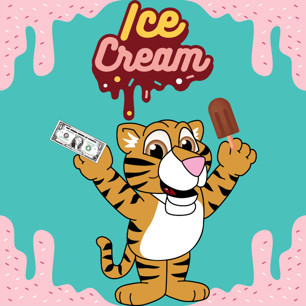 This image contains the title ice cream with a picture of the Hutto Tiger holding an ice cream and a $1.00 bill.