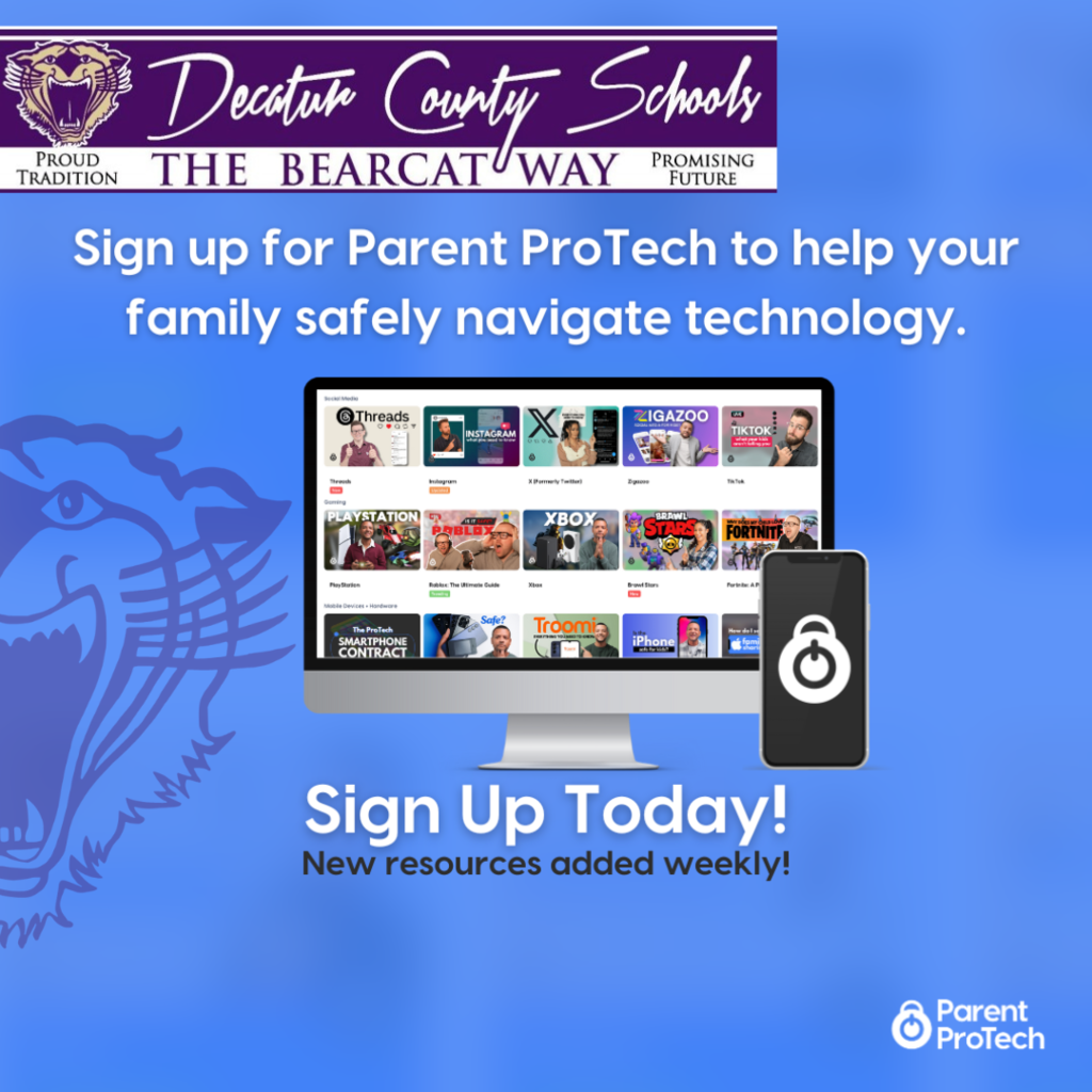 Decatur County Schools Parent ProTech sign-up graphic with computer and phone icons, promoting online safety resources for families.