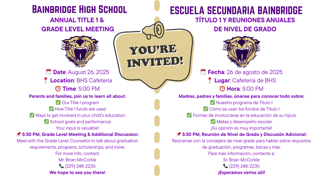 Flyer announcing Title 1 Night and Grade Level  Meetings for Bainbridge High School