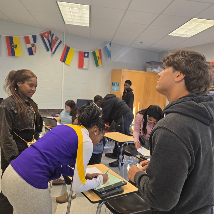Spanish 1, 3rd block is working on interpersonal communication.  They are exchanging information ( topic is dates of events, birthdays, etc). At the end, whoever has the most information on their classmates, all correct, wins!