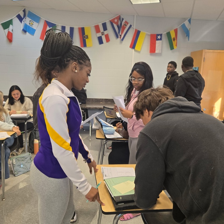 Spanish 1, 3rd block is working on interpersonal communication.  They are exchanging information ( topic is dates of events, birthdays, etc). At the end, whoever has the most information on their classmates, all correct, wins!