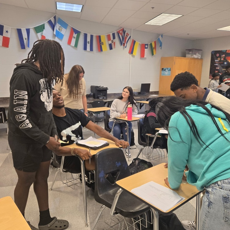 Spanish 1, 3rd block is working on interpersonal communication.  They are exchanging information ( topic is dates of events, birthdays, etc). At the end, whoever has the most information on their classmates, all correct, wins!