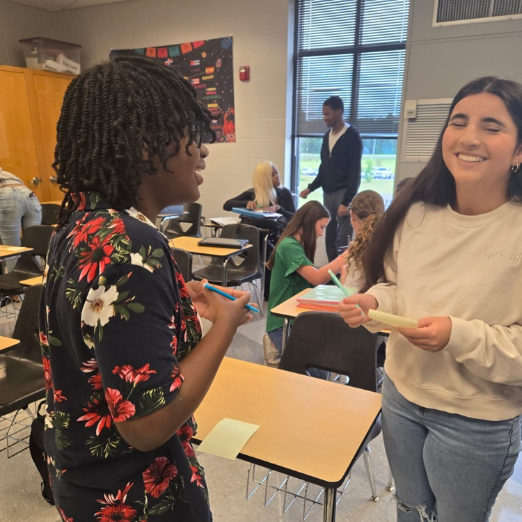 Spanish 1, 3rd block is working on interpersonal communication.  They are exchanging information ( topic is dates of events, birthdays, etc). At the end, whoever has the most information on their classmates, all correct, wins!