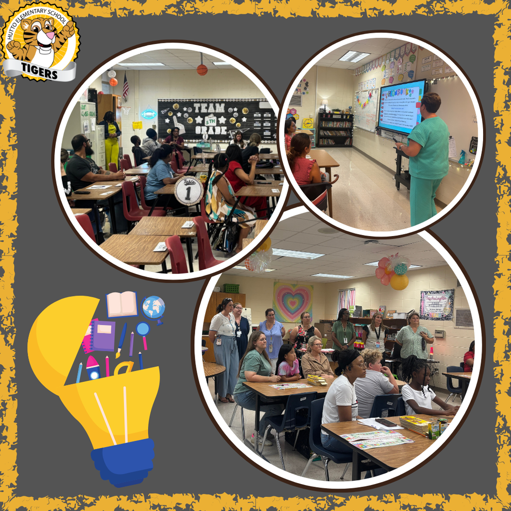 This image contains pictures of teachers and parents listening to presentations about the grade level curriculum.