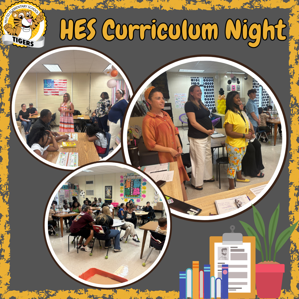 This image contains the title HES Curriculum Night with pictures of teachers and parents listening to presentations about the grade level curriculum.