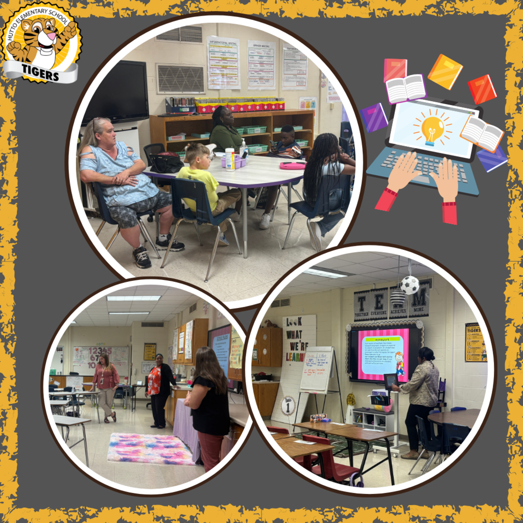 This image contains pictures of teachers and parents listening to presentations about the grade level curriculum.