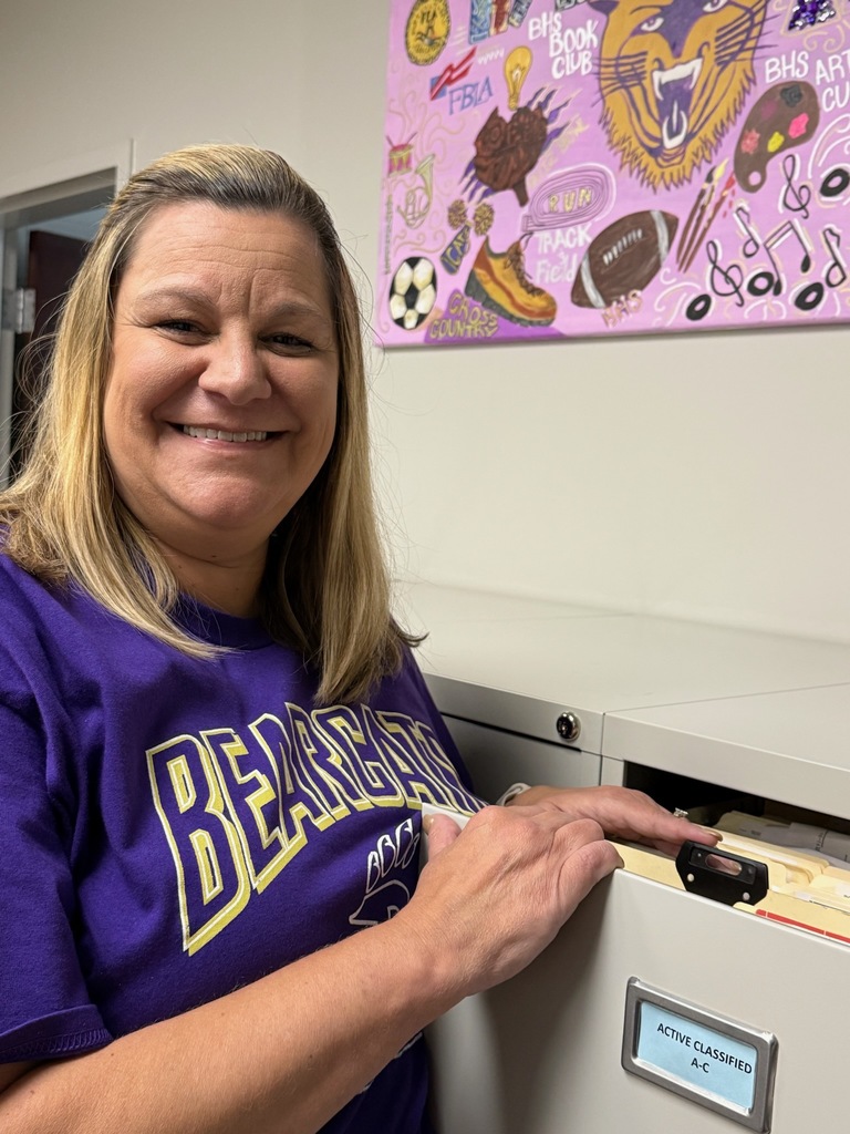 Portrait of an individual wearing spirited purple and gold Bearcat attire. The background varies, including office and home settings with decorative and school-related items visible.