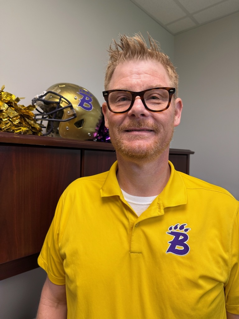 Portrait of an individual wearing spirited purple and gold Bearcat attire. The background varies, including office and home settings with decorative and school-related items visible.