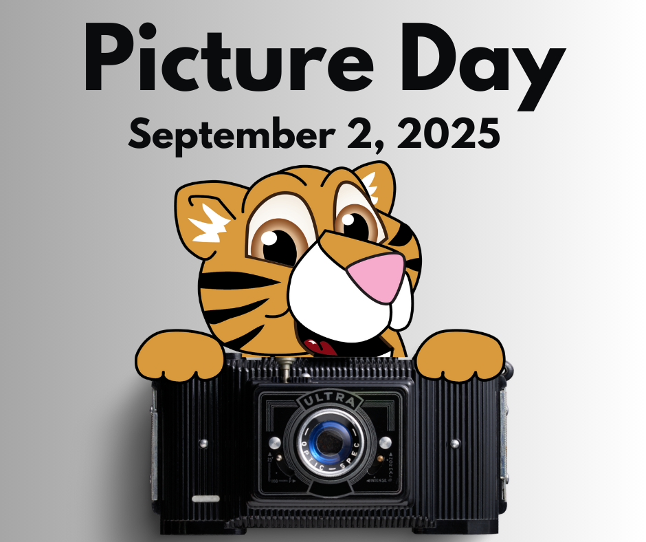 This image contains picture day September 2, 2025 with the Hutto Tiger and a camera.