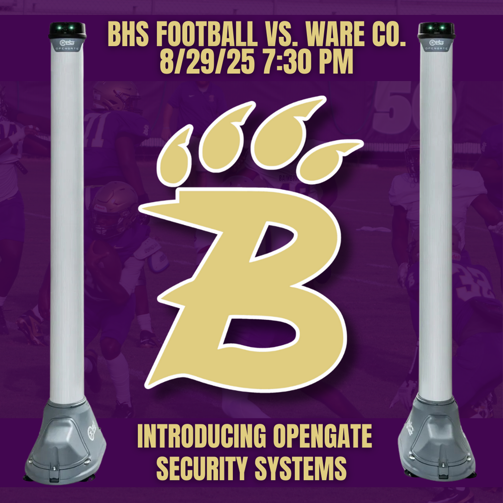Graphic with Bainbridge Bearcats “B Paw” logo and OpenGate security pillars. Text reads: “BHS Football vs. Ware Co. 8/29/25 7:30 PM. Introducing OpenGate Security Systems.