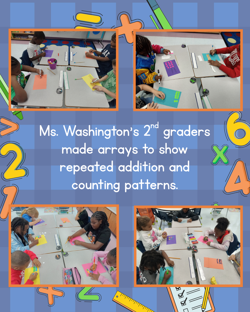 Flyer with blue background and 4 pictures showing students working