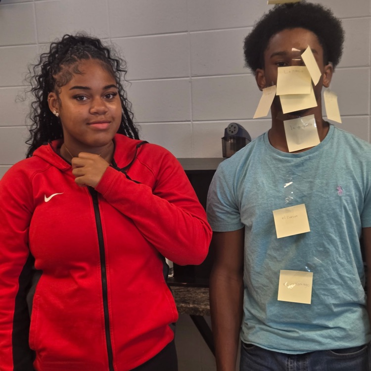 Students in Mrs. Wallace's Spanish 1 class reviewed the body parts by labeling their classmates using the Spanish words. 