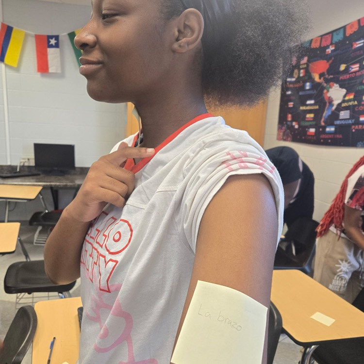 Students in Mrs. Wallace's Spanish 1 class reviewed the body parts by labeling their classmates using the Spanish words. 