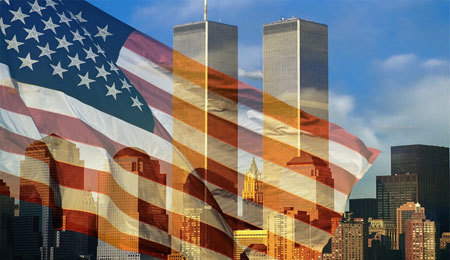 american flag with the twin towers in the background
