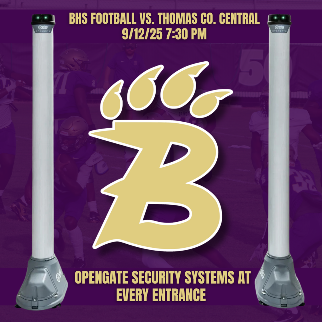 Graphic with a purple background showing two OpenGate security detectors on each side of a large gold Bainbridge Bearcat 'B' logo. Text at the top reads 'BHS Football vs. Thomas Co. Central 9/12/25 7:30 PM' in bold yellow letters. Text at the bottom says 'OpenGate Security Systems at Every Entrance.'