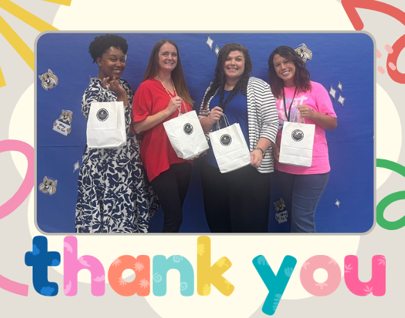 Picture of 4 teachers holding white paper bags with the words thank you underneath.