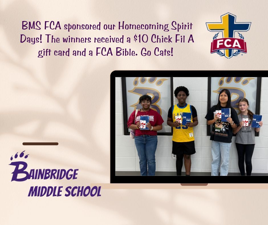 Image of 4 students that won the FCA Spirit Days contest. They won a Bible and a $10 Chick Fila Card.