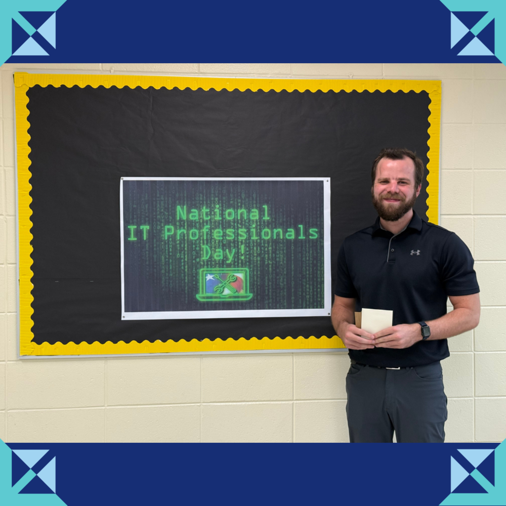 This image contains a picture for National IT Professionals Day of the Technician holding a gift.