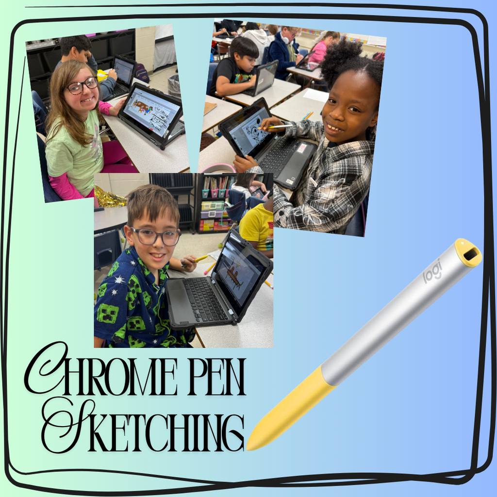 This image contains kids using the chrome pens to sketch drawings.