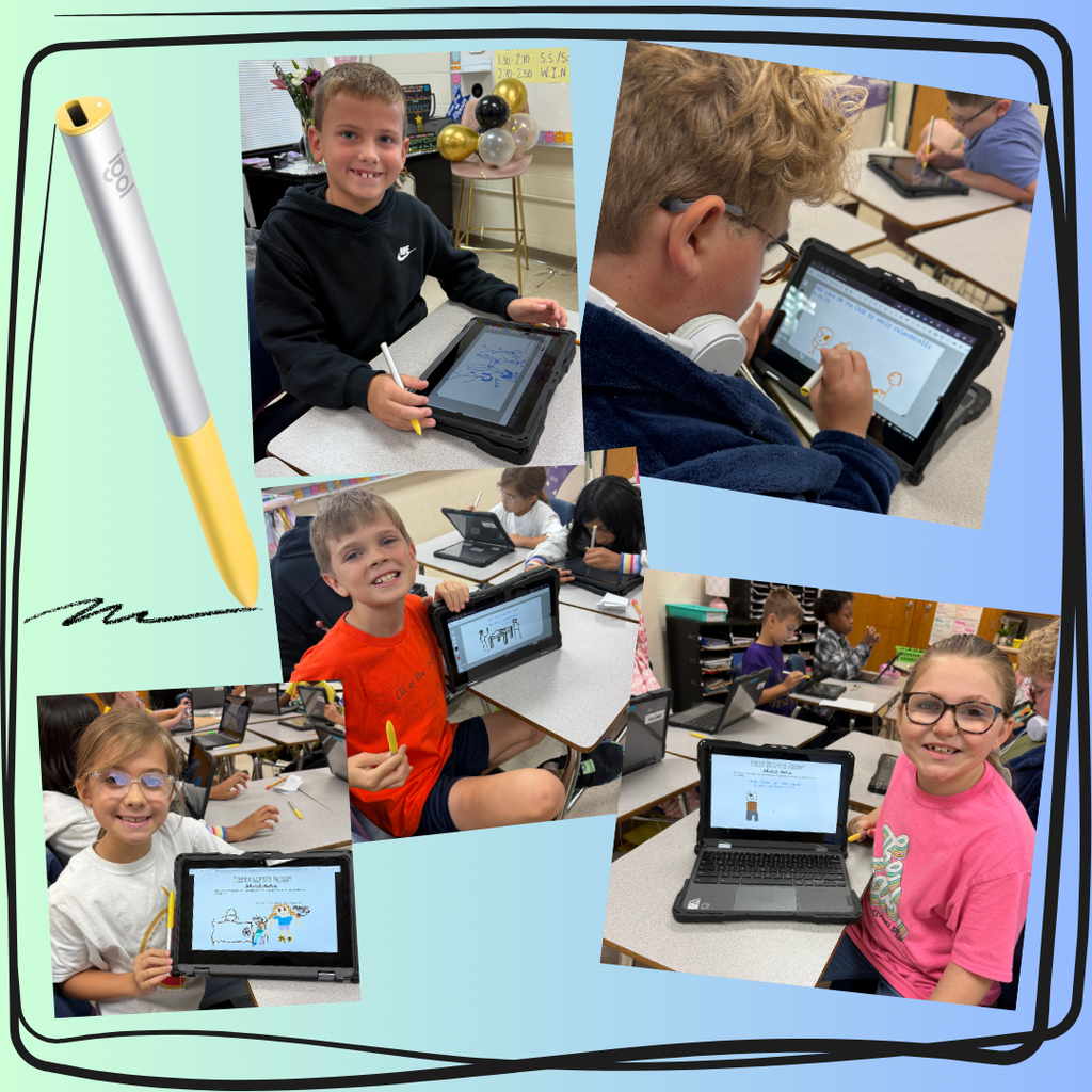 This image contains pictures of students using chrome pens to sketch their ideas and drawings.