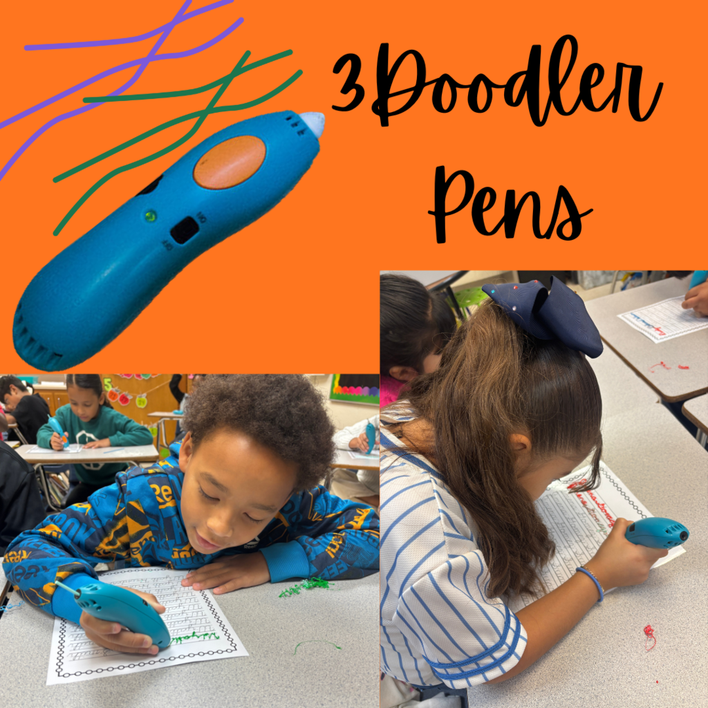 This image contains pictures of students using the 3Doodle pen to write their name in cursive.