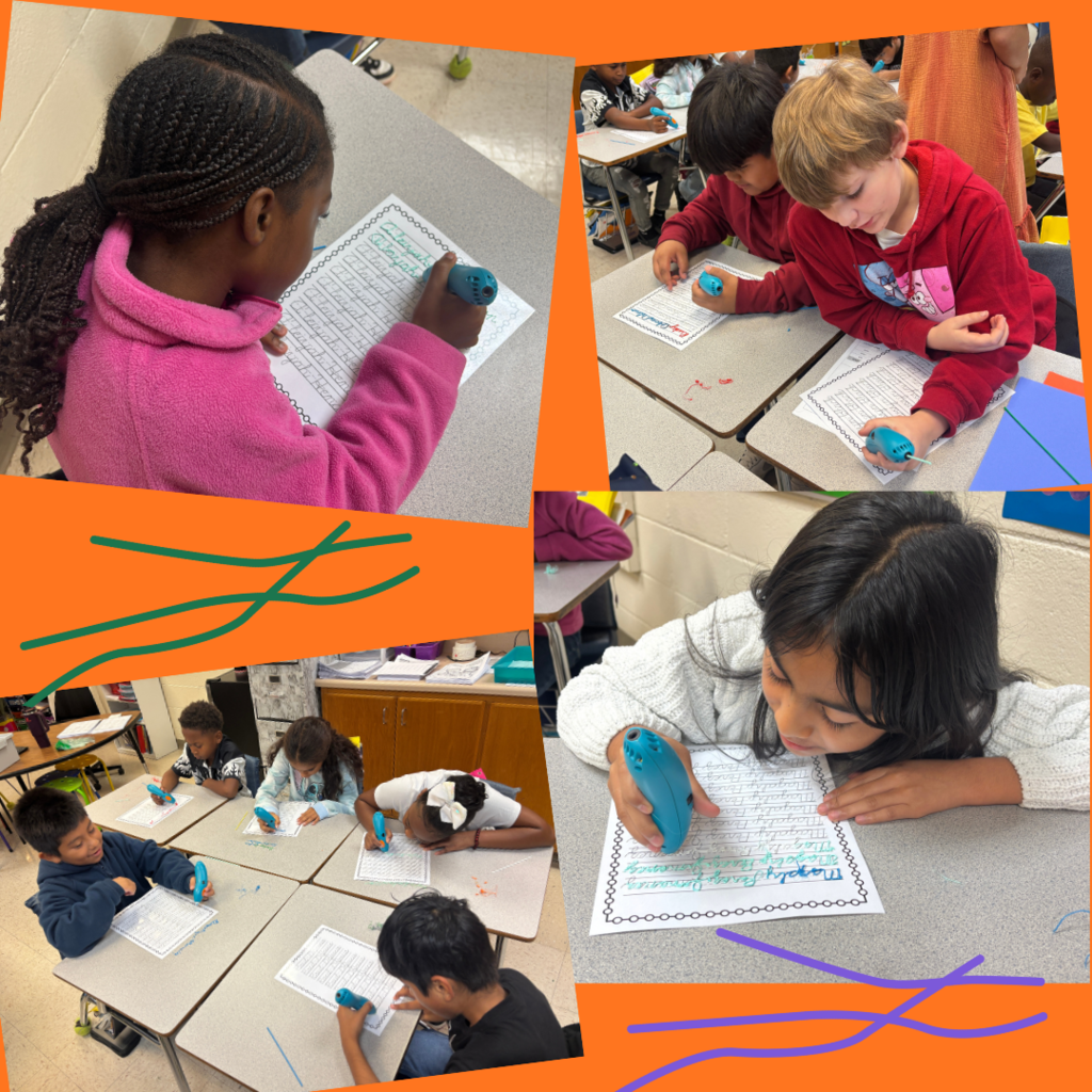 This image contains pictures of students using the 3Doodle pen to write their name in cursive.