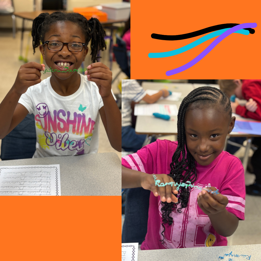 This image contains pictures of students holding up their cursive names.