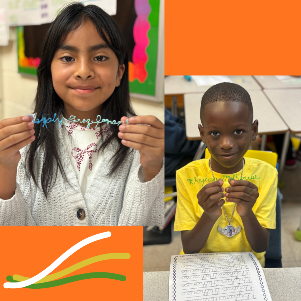 This image contains pictures of students holding up their cursive names.