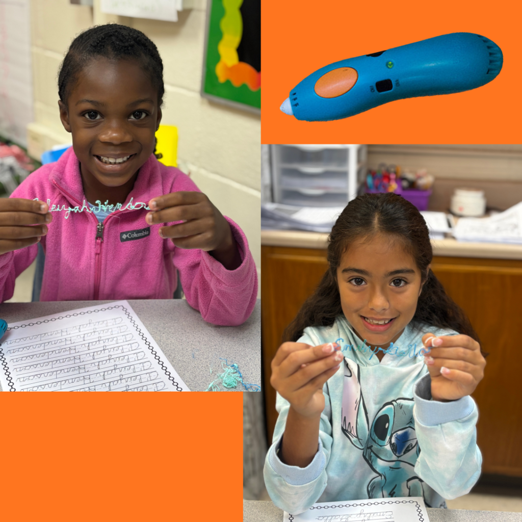 This image contains pictures of students holding up their cursive names.