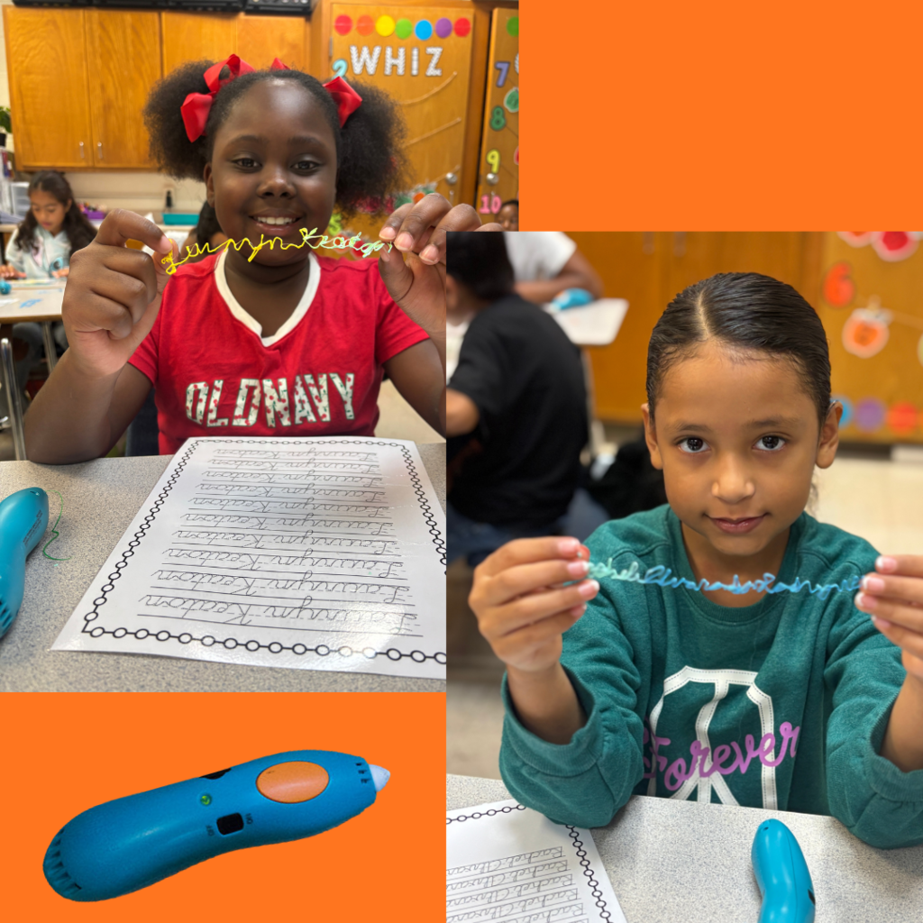 This image contains pictures of students holding up their cursive names.