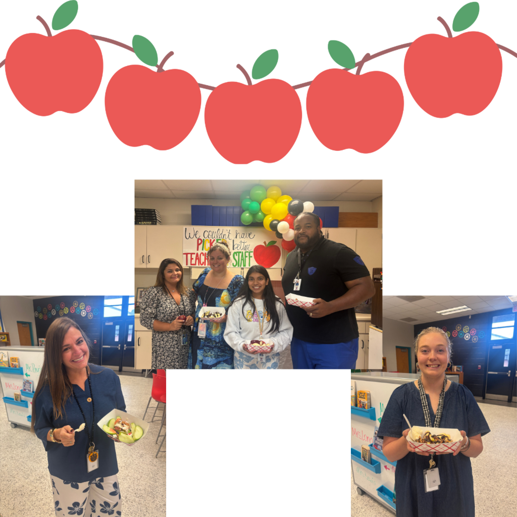 This image contains teachers receiving their apples from the apple bar.