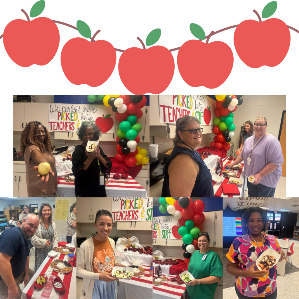 This image contains teachers receiving their apples from the apple bar.
