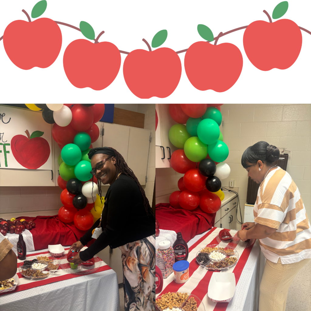 This image contains teachers receiving their apples from the apple bar.