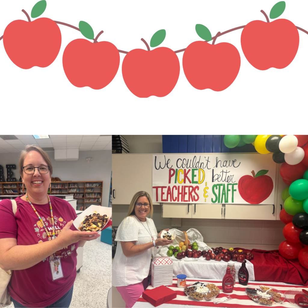 This image contains teachers receiving their apples from the apple bar.