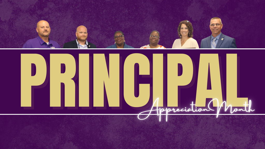 Graphic for Principal Appreciation Month featuring six school principals standing above bold gold text that reads 'PRINCIPAL' on a purple background, with 'Appreciation Month' written in white script