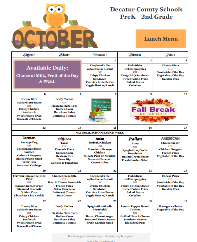 October Lunch Menu