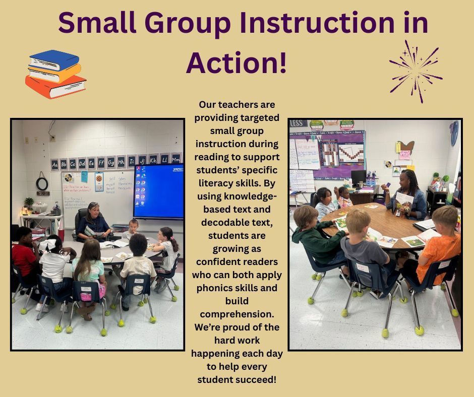 Teachers lead small group reading lessons with young students seated around tables, focusing on literacy skills and comprehension.