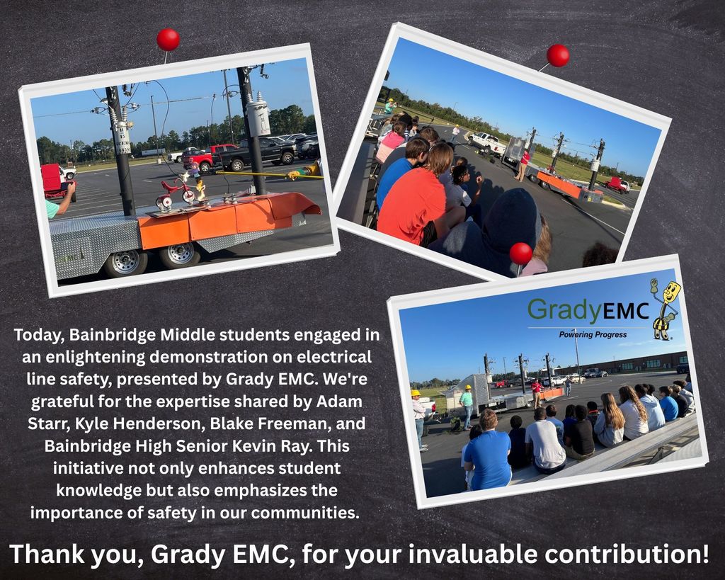 Images of Grady County EMC teaching BMS studnts about the importance of electrical line safety.
