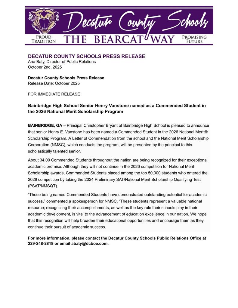 Press Release From Decatur County Schools and BHS