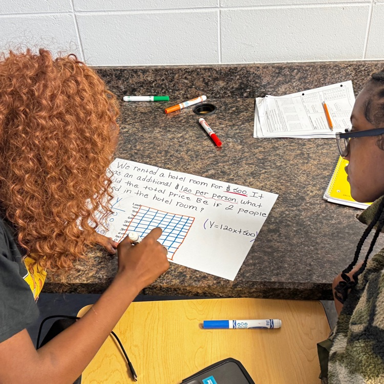 Mrs. Harrell's Foundations of Algebra students created a two-step word problem, drew a graph, and made a table of ordered pairs with partners.