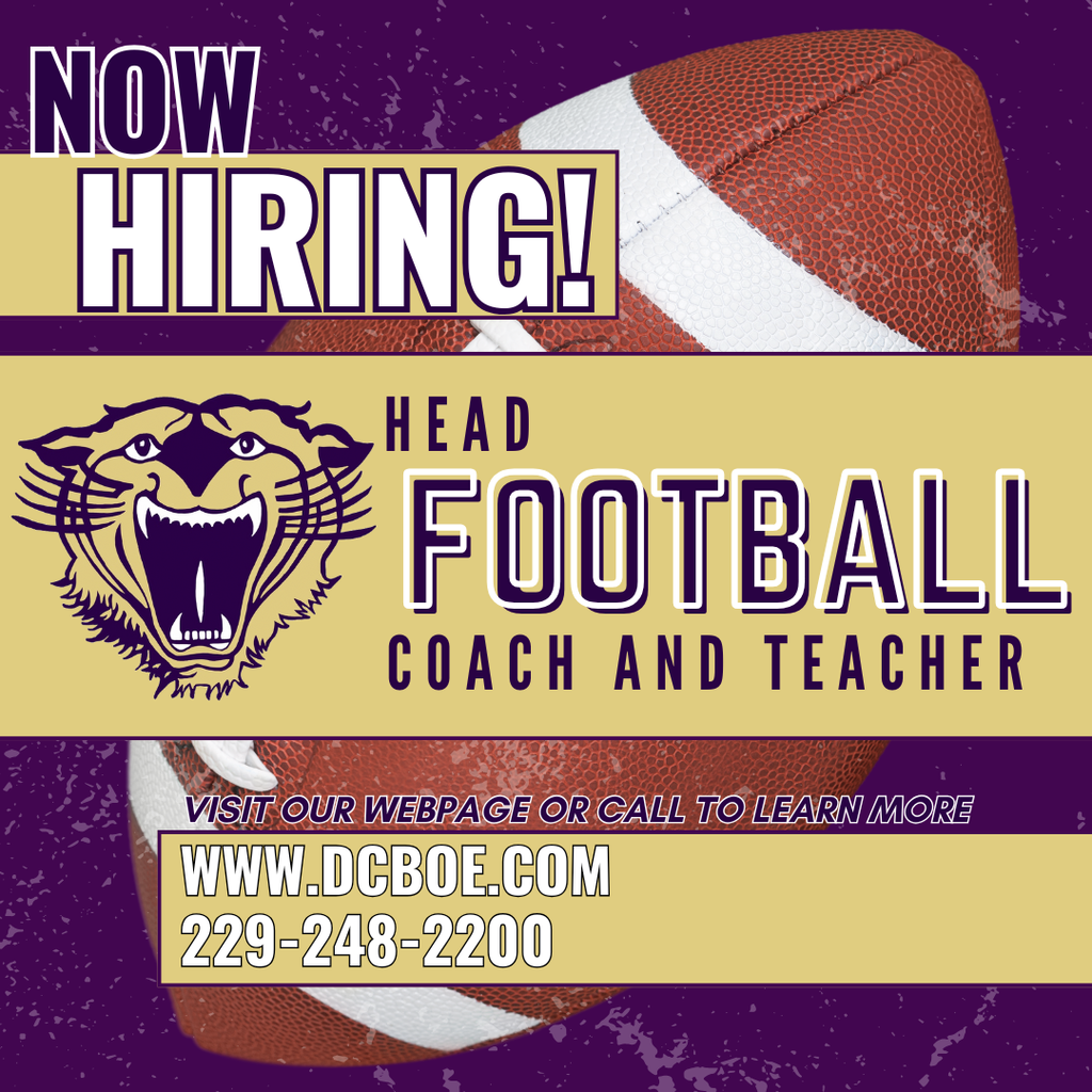 Now hiring Head Football Coach and Teacher – Bainbridge Bearcats logo with football background. Visit www.dcboe.com  or call 229-248-2200 to learn more.