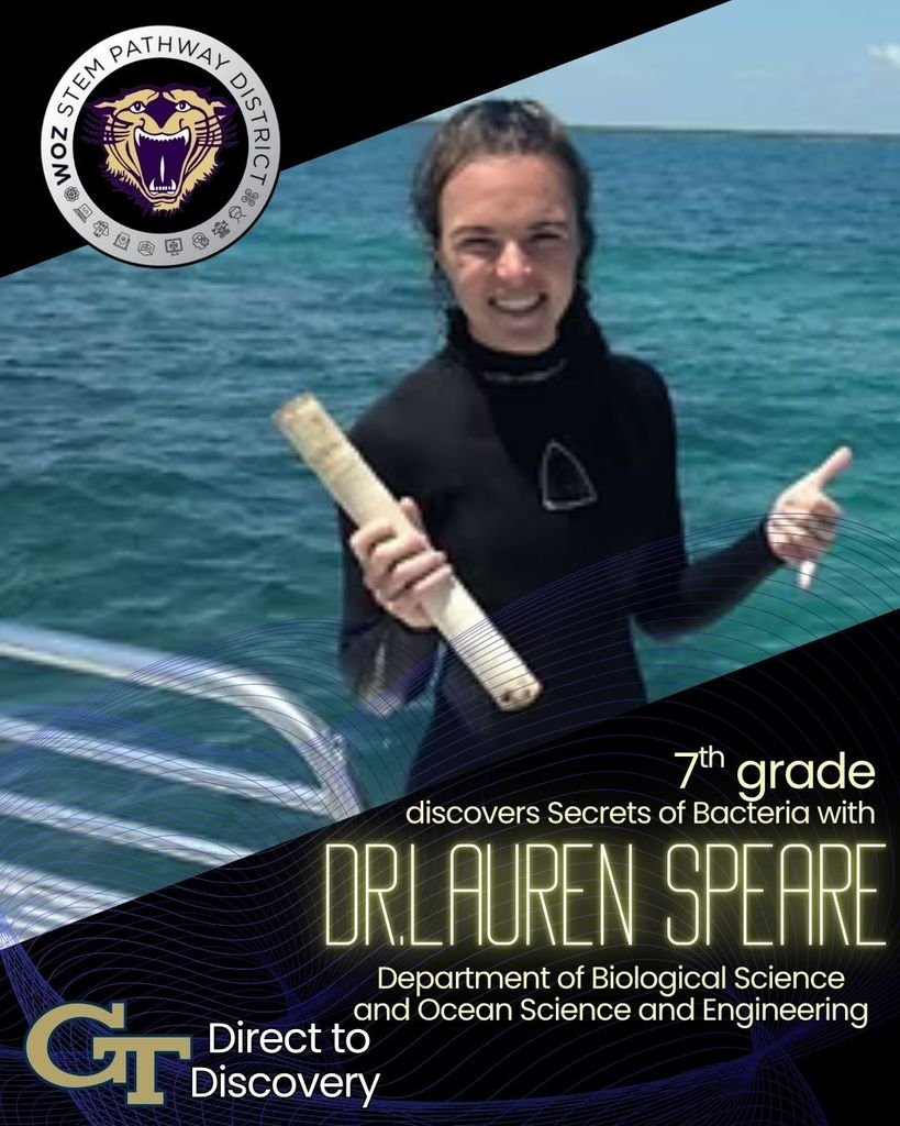 7th grade students discover secrets of bacteria with Dr. Lauren Speare, department of biological science and ocean science and engineering at Georgia Tech as part of the Direct to Discovery program