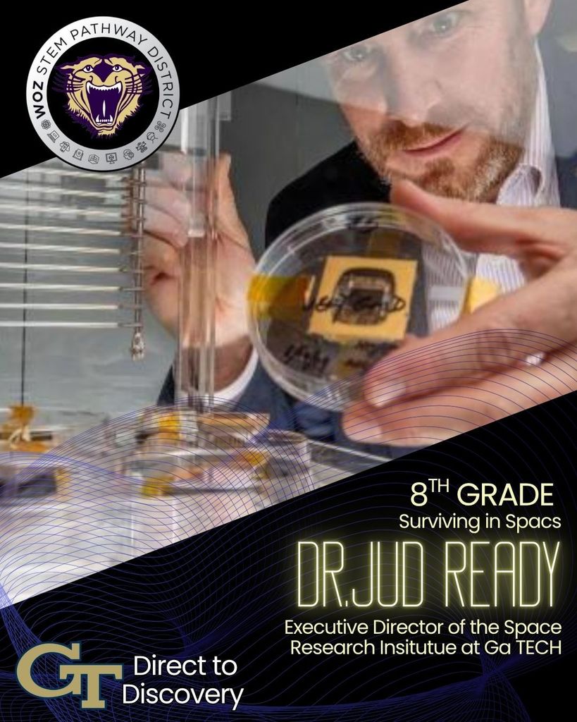 8th Grade students are learning about surviving in space from Dr. Jud Ready the executive director of the Space Research Institute at Ga Tech as part of the partnership between Decatur County Schools and GaTech and the Direct to Discovery series.