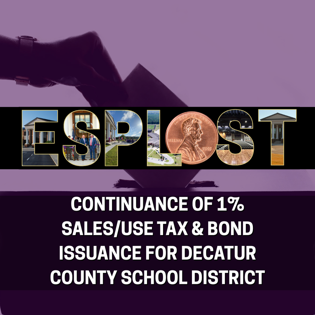 Graphic about ESPLOST for Decatur County School District, featuring the word ‘ESPLOST’ with images of schools and a penny, and text reading ‘Continuance of 1% Sales/Use Tax & Bond Issuance for Decatur County School District’ against a purple background