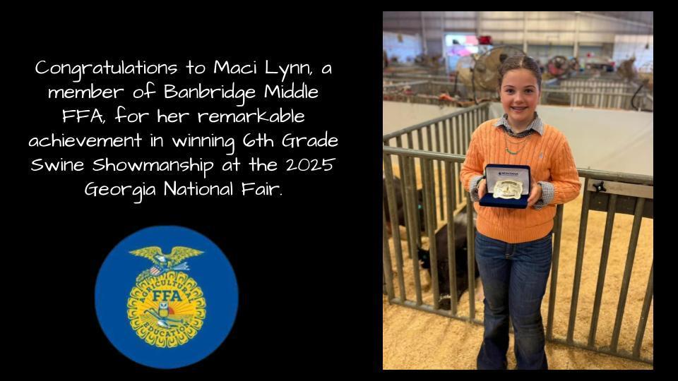Maci Lynn a student at BMS won Swine Showmanship at the 2025 Georgia National Fair.