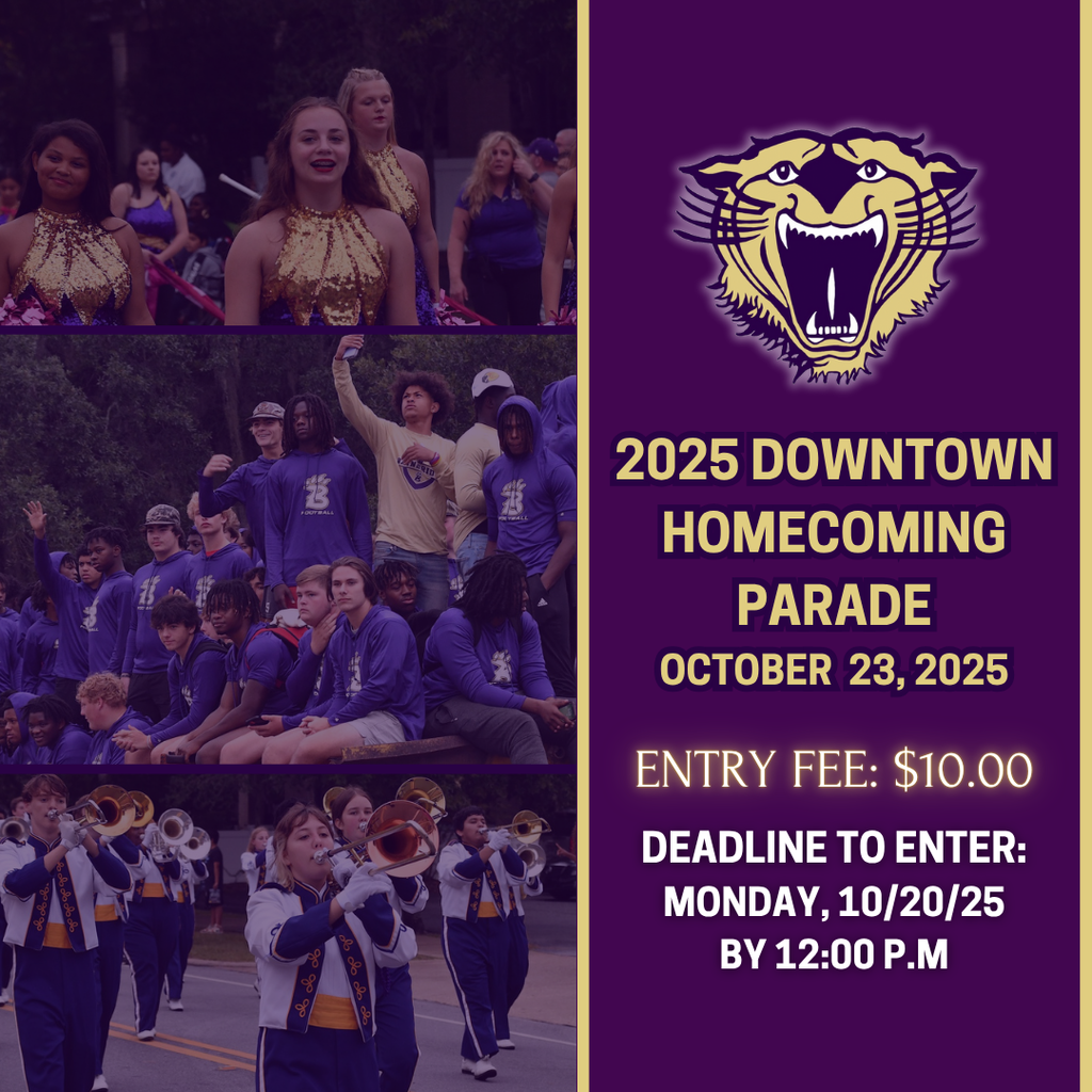 Graphic for the 2025 Downtown Homecoming Parade on October 23, 2025, featuring Bainbridge High School band, dancers, and students with the Bearcat logo and event details including $10 entry fee and October 20 deadline.